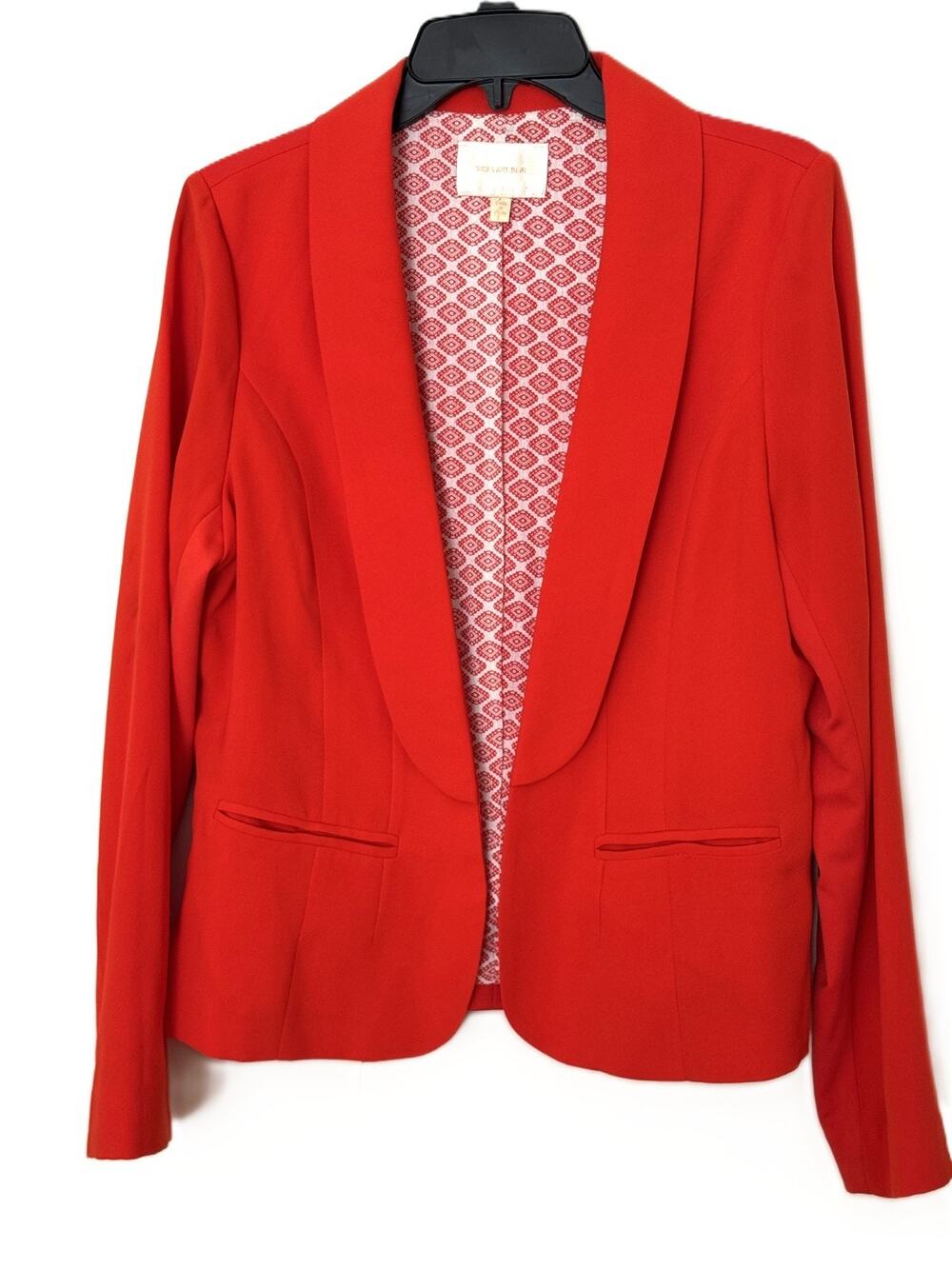 Skies Are Blue Red Shawl Collar Open Front Blazer Jacket Printed Lining Women's